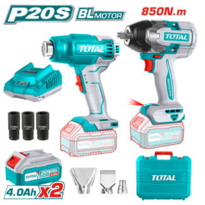 Juego de Llave de Impacto Inalámbrica + Pistola de Calor 20V+ 2 Bat y Cubos