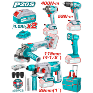 Combo taladro, rotomartillo, esmeriladora, pistola de impacto, linterna 20 V