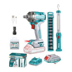 Llave Impacto 20V (1/2") + Lámpara + Adaptador + Puntas + Dados + 2 Baterías y Cargador